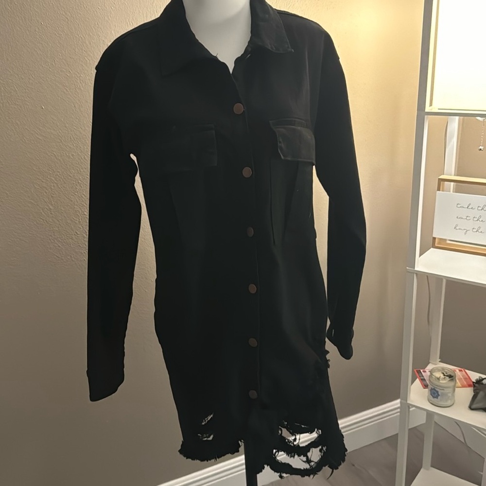 NWT black super distressed denim shirt dress UK 12, US size 8